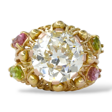 French Antique Diamond 9.13 CT Round Old European Cut Brilliant Engagement Ring Tourmaline and Peridot 18K Yellow Gold Size 7.25