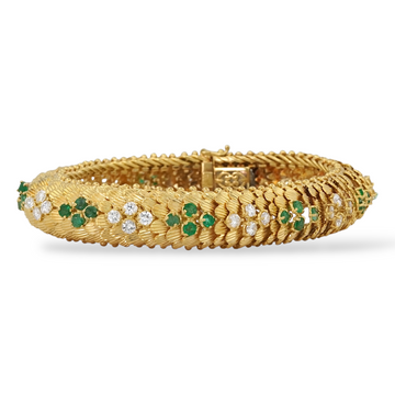 Vintage Italian Snake Bracelet Diamond And Green Emerald 18K Yellow Gold 7.25 Inches