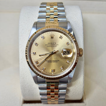 Rolex Datejust 36 Champagne Factory Diamond Dial 18K Yellow Gold Steel Two-Tone Jubilee Ref 16233 Year 1990 NO SAG BRACELET