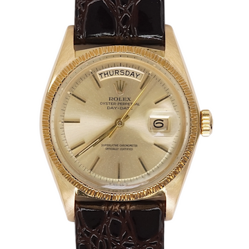 Rolex Day-Date 36 18K Yellow Gold Champagne Dial Bark Finish Bezel Brown Leather Band Year 1968 Ref 1807 Serviced 2026