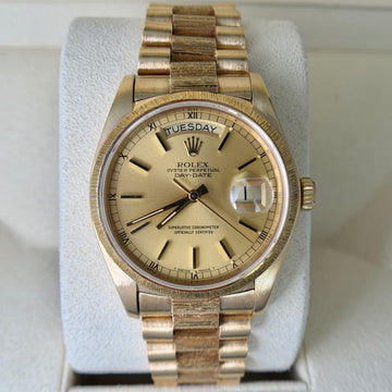 Rolex Day-Date 36 President Bark Finish Champagne Dial 18K Yellow Gold 1979 Full Links 7.8 Inch Wrist