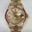 Rolex Lady-Datejust 26 Factory Ruby Bezel Diamond Champagne Dial 18K Yellow Gold President REF. 69038 CROWN COLLECTION BOX GREEN TAG Year 1987