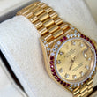 Rolex Lady-Datejust 26 Factory Ruby Bezel Diamond Champagne Dial 18K Yellow Gold President REF. 69038 CROWN COLLECTION BOX GREEN TAG Year 1987