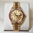 Rolex Lady-Datejust 26 Factory Ruby Bezel Diamond Champagne Dial 18K Yellow Gold President REF. 69038 CROWN COLLECTION BOX GREEN TAG Year 1987