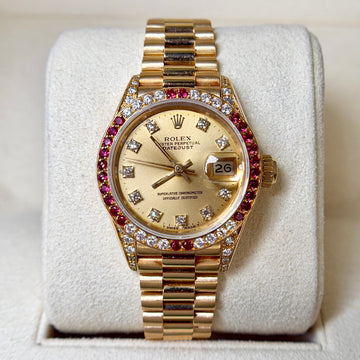 Rolex Lady-Datejust 26 Factory Ruby Bezel Diamond Champagne Dial 18K Yellow Gold President REF. 69038 CROWN COLLECTION BOX GREEN TAG Year 1987