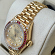 Rolex Lady-Datejust 26 Factory Ruby Bezel Diamond Champagne Dial 18K Yellow Gold President REF. 69038 CROWN COLLECTION BOX GREEN TAG Year 1987