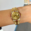Rolex Lady-Datejust 26 Factory Ruby Bezel Diamond Champagne Dial 18K Yellow Gold President REF. 69038 CROWN COLLECTION BOX GREEN TAG Year 1987
