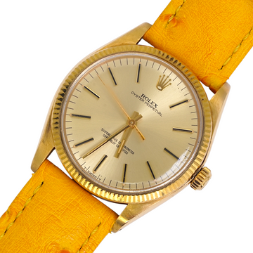 Rolex Oyster Perpetual 34 18K Yellow Gold Chamapagne Dial Fluted Bezel Leather Band Year 1978 Ref 1005 NO DATE Oyster Perpetual