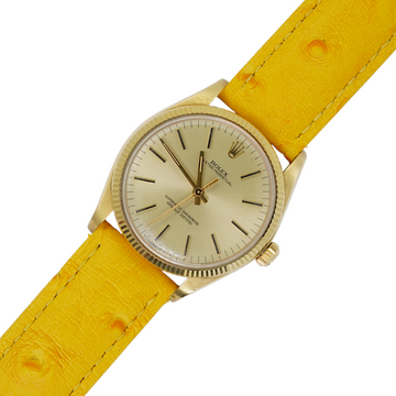 Rolex Oyster Perpetual 34 18K Yellow Gold Chamapagne Dial Fluted Bezel Leather Band Year 1978 Ref 1005 NO DATE Oyster Perpetual
