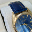 Rolex Oyster Perpetual Date 34mm 14K Yellow Gold Blue Dial Fluted Bezel Leather Band Ref. 1503 Year 1979
