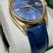 Rolex Oyster Perpetual Date 34mm 14K Yellow Gold Blue Dial Fluted Bezel Leather Band Ref. 1503 Year 1979