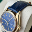 Rolex Oyster Perpetual Date 34mm 14K Yellow Gold Blue Dial Fluted Bezel Leather Band Ref. 1503 Year 1979