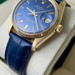 Rolex Oyster Perpetual Date 34mm 14K Yellow Gold Blue Dial Fluted Bezel Leather Band Ref. 1503 Year 1979