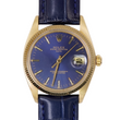 Rolex Oyster Perpetual Date 34mm 14K Yellow Gold Blue Dial Fluted Bezel Leather Band Ref. 1503 Year 1979