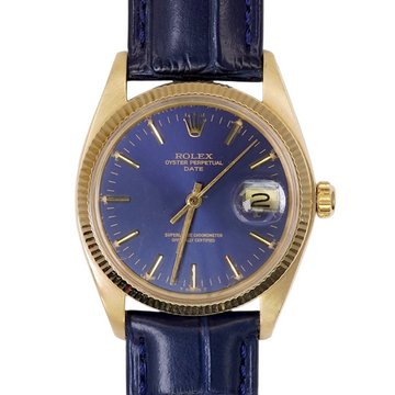 Rolex Oyster Perpetual Date 34mm 14K Yellow Gold Blue Dial Fluted Bezel Leather Band Ref. 1503 Year 1979