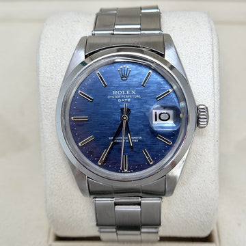 Rolex Oyster Perpetual Date 34mm Blue Mosaic Dial Smooth Bezel Stainless Steel REF. 1500 Blue Mosaic Dial Year 1971 Riveted Bracelet