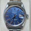 Rolex Oyster Perpetual Date 34mm Blue Mosaic Dial Smooth Bezel Stainless Steel REF. 1500 Blue Mosaic Dial Year 1971 Riveted Bracelet