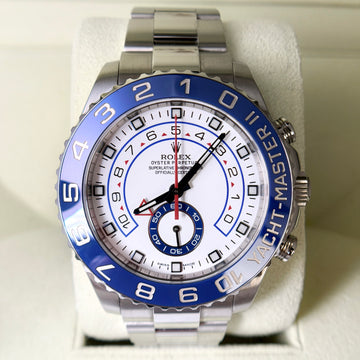 Rolex Yacht-Master II 44 Steel Blue Ceramic Bezel White Dial Oyster Bracelet REF 116680 FULL SET BOX PAPERS UNPOLISHED YEAR 2015