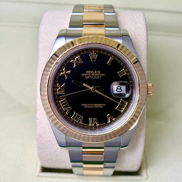 Rolex Datejust II 41mm Two Tone 18K Yellow Gold Black Roman Dial Fluted Bezel Ref. 116333 FULL SET BOX PAPERS YEAR 2015 SERVICED