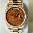 Rolex Day-Date 36mm President Walnut Wood Burlwood Dial 18K Yellow Gold 18038 Year 1970 FULL SET BOX PAPERS CERTIFICATE