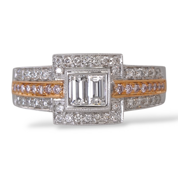 Simon. G Engagement Diamond Baguette Halo Ring 18K White and Rose Gold Size 8.5