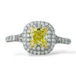 Tiffany and Co Soleste diamond and platinum ring with a 0.78 ct Fancy Intense yellow cushion cut diamond, front view of ring.