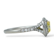 Tiffany and Co Soleste diamond and platinum ring with a 0.78 ct Fancy Intense yellow cushion cut diamond, side view.
