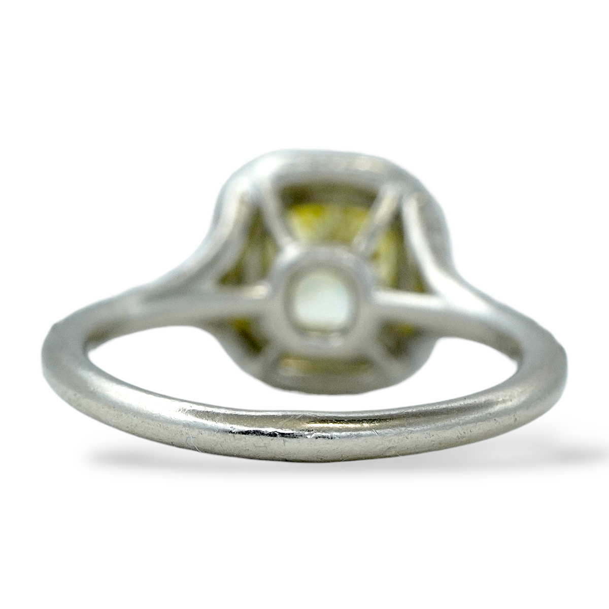Tiffany and Co Soleste diamond and platinum ring with a 0.78 ct Fancy Intense yellow cushion cut diamond, rear view.