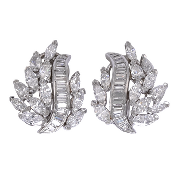 Vintage 4 CT Diamond Platinum Clip-On Earrings 1950s Elegant Leaf Motif Marquise Pear Baguette