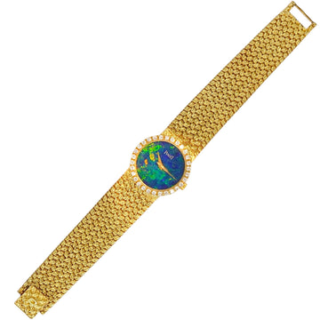 Piaget 32 mm RARE Black Opal Dial 18K Yellow Gold Diamond Bezel Ladies Quartz Vintage