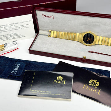 Piaget Polo Day-Date 32 mm 18K Yellow Gold Black Onyx Dial 7.5 Inch Wrist Quartz BOX PAPERS