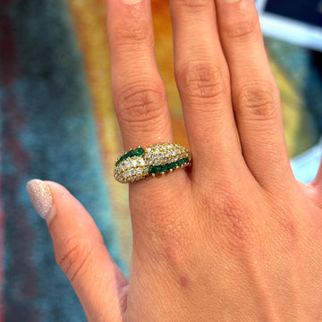 Item photo. Show Listing Details page. Listing Diamond and Green Emerald Ring 18K Yellow Gold Vintage Elegant Bypass Size 8.5 Diamond and Green Emerald Ring 18K Yellow Gold Vintage Elegant Bypass Size 8.5