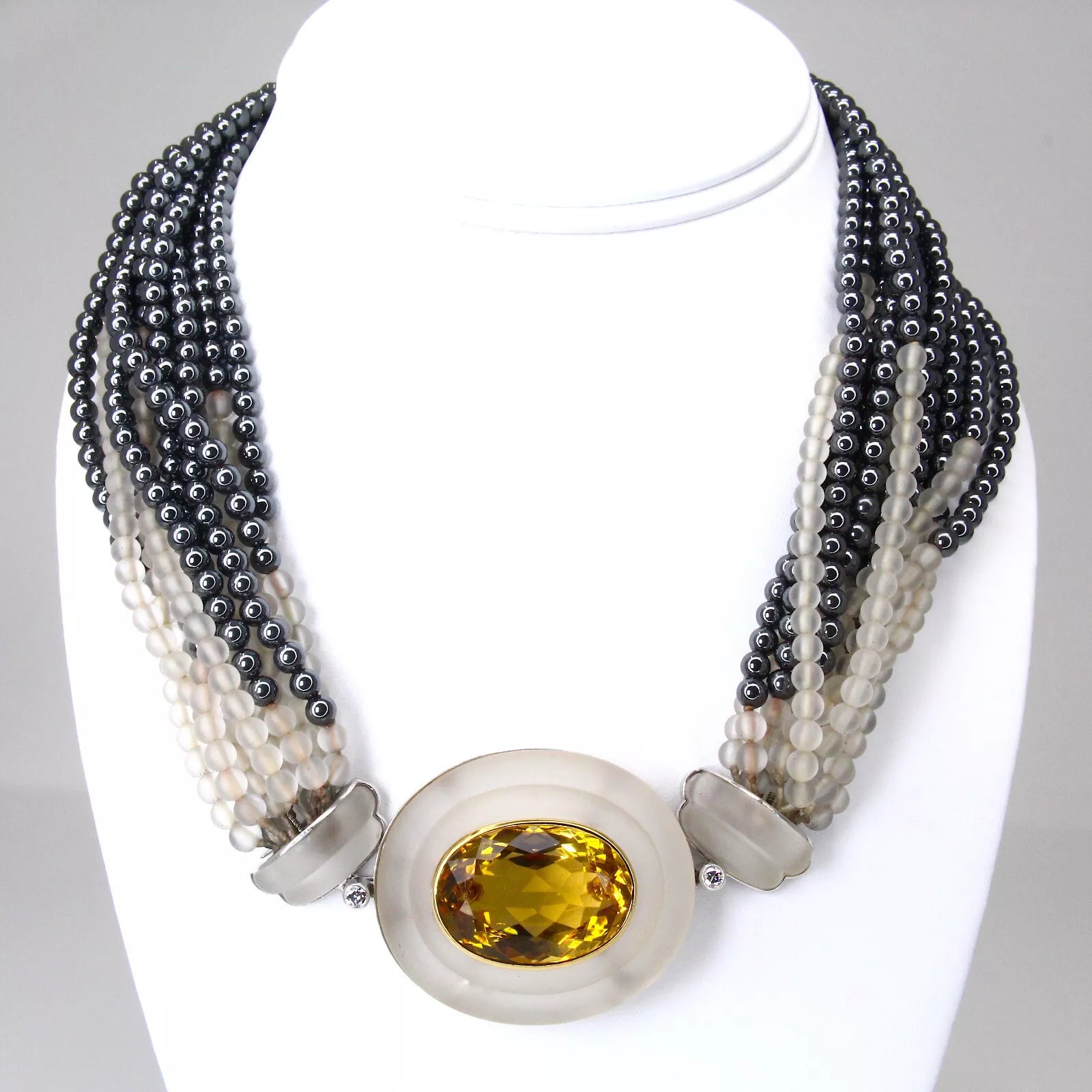 PETOCHI Citrine and Frosted Rock Crystal, Hematite 18K White Gold Necklace Italy 