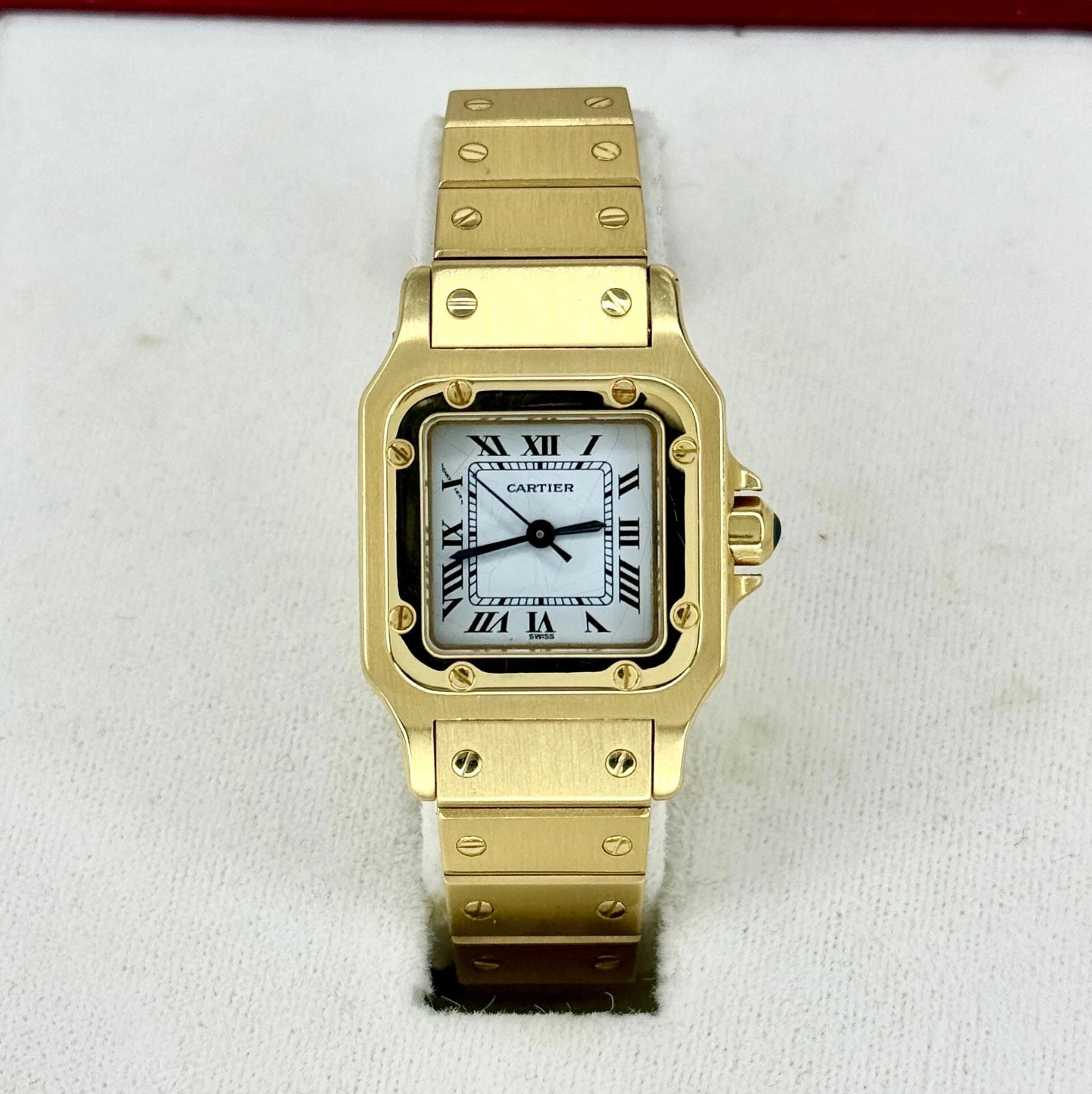 Cartier Santos 18k Yellow Gold BOX CARD Ladies Watch Automatic White Dial 24mm 