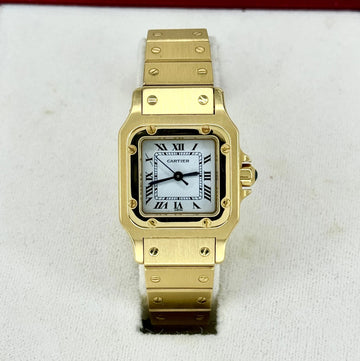 Cartier Santos 18k Yellow Gold BOX CARD Ladies Watch Automatic White Dial 24mm 