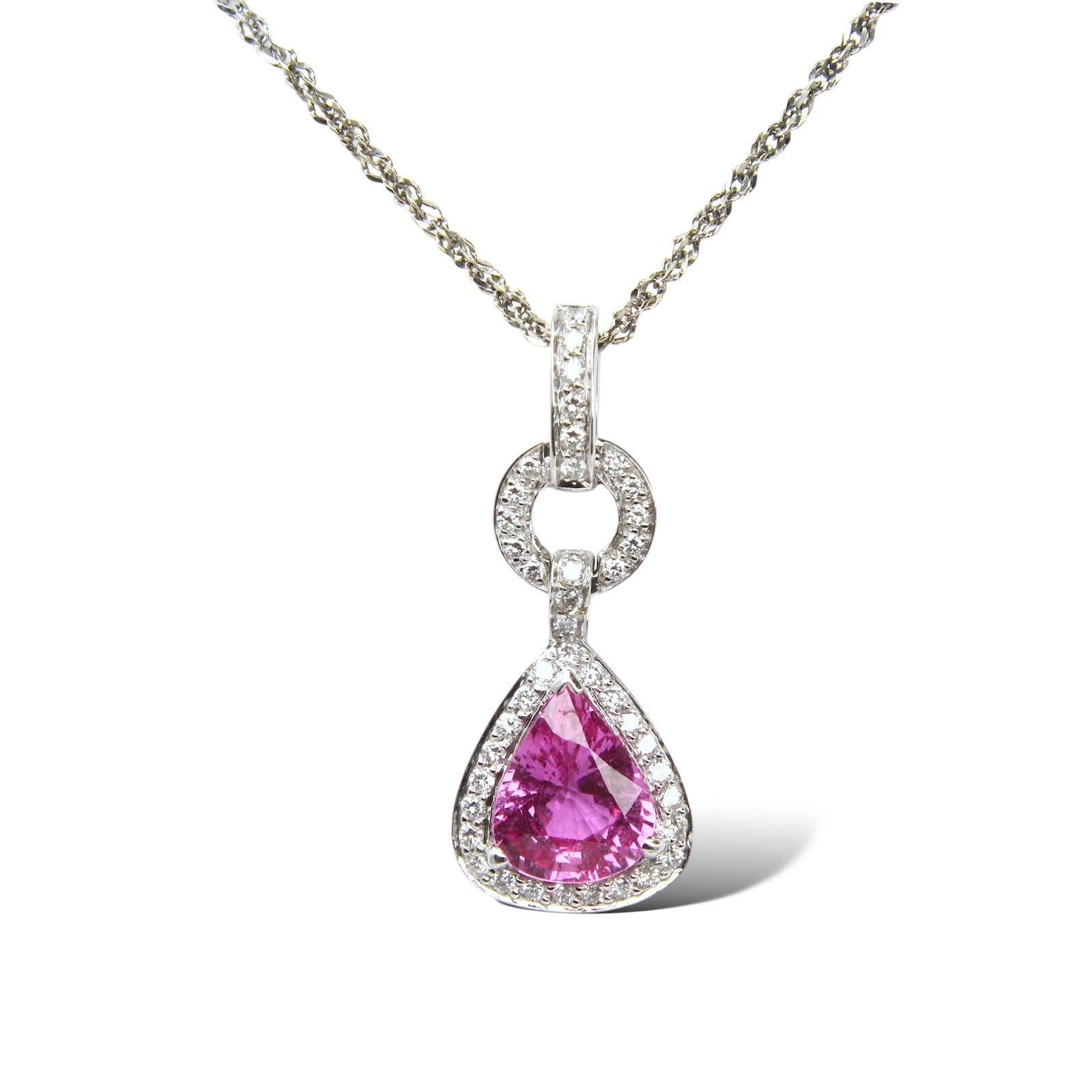 18K White Gold Natural Pear Pink Sapphire 3.05ct Diamond Necklace 