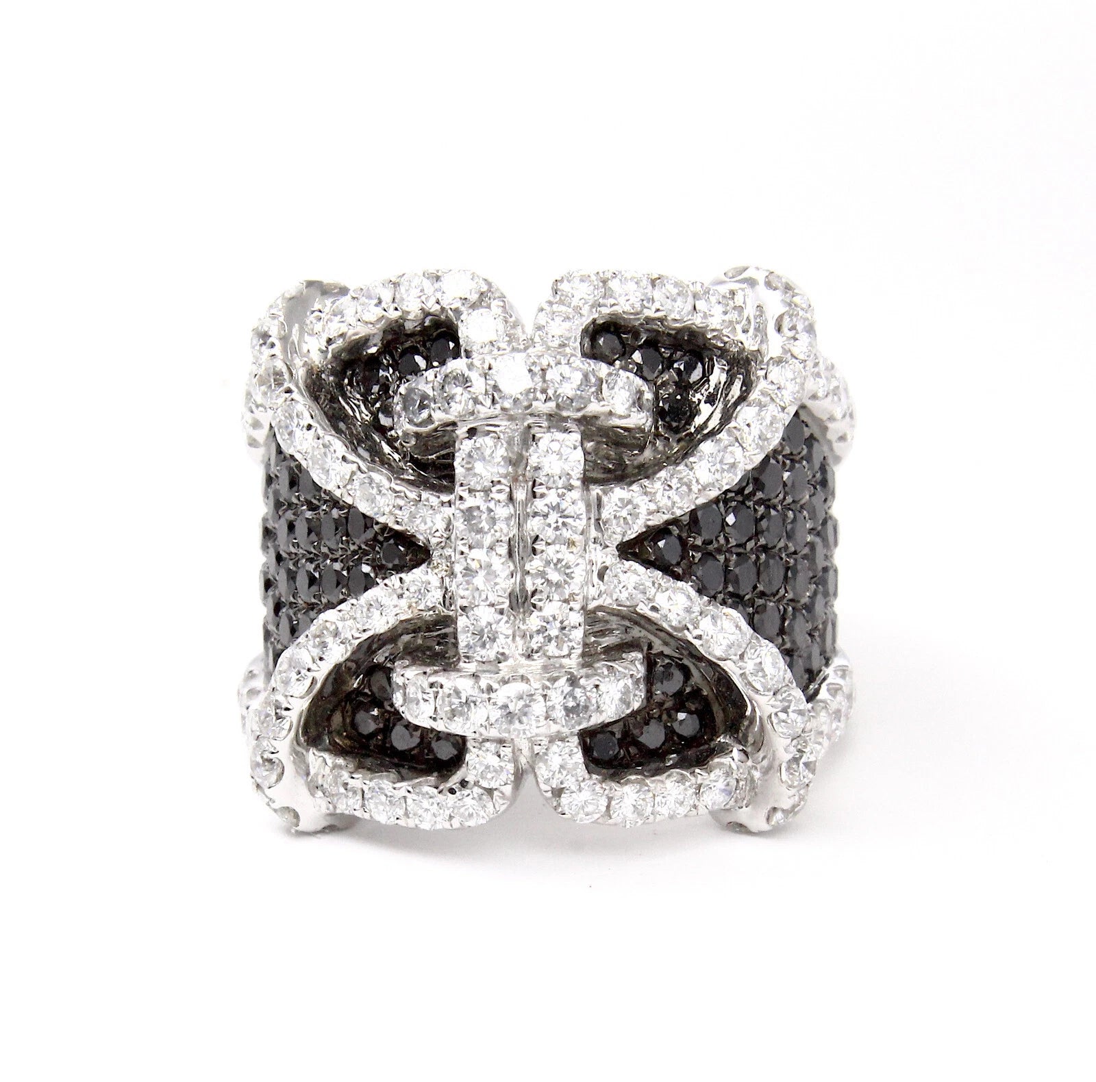 Black & White Diamond Wide Band Cocktail Ring 2.66 CT 18K White Gold 