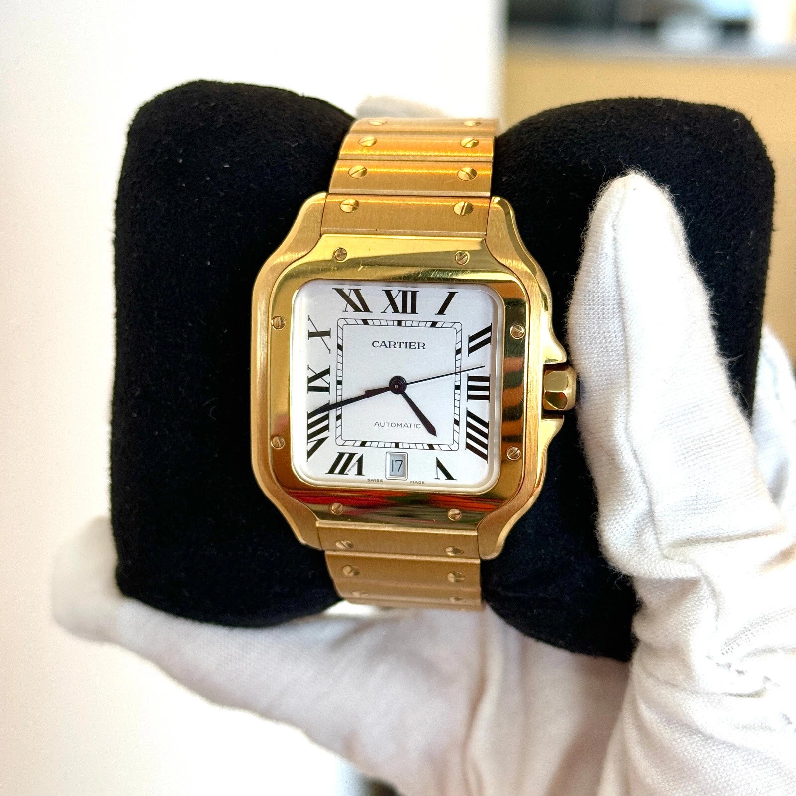 Cartier Santos Large 18k Yellow Gold Silver Dial 39mm BOX CARD LEATHER STRAP 
