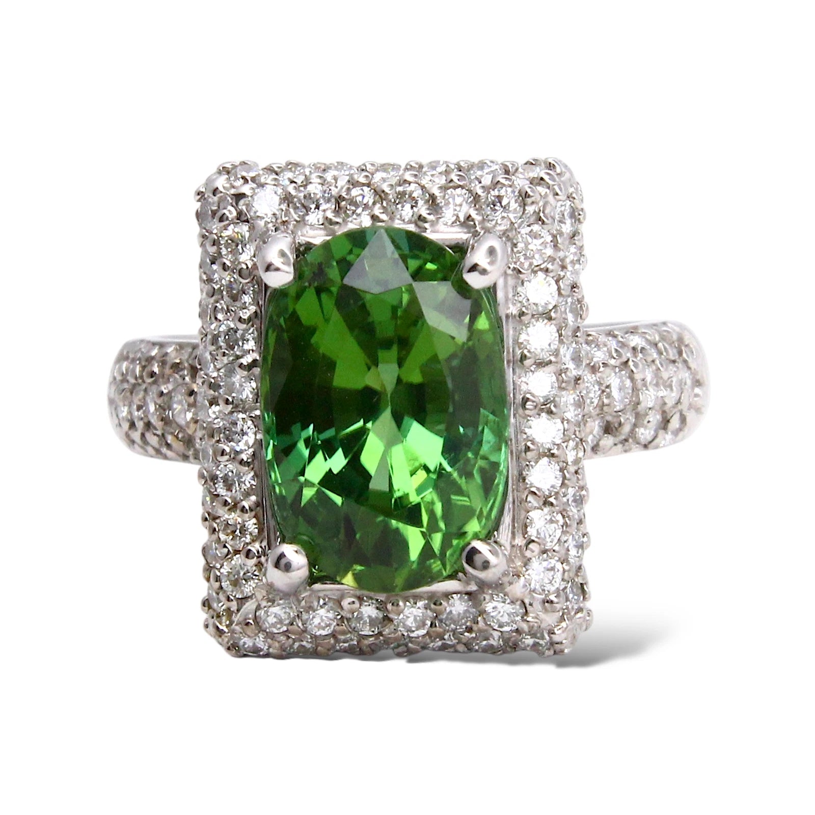 5.75 CT Oval Green Tourmaline and Diamond 18K White Gold Ring 