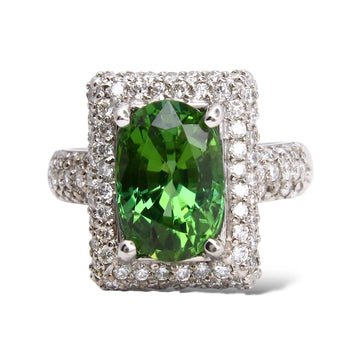 5.75 CT Oval Green Tourmaline and Diamond 18K White Gold Ring 