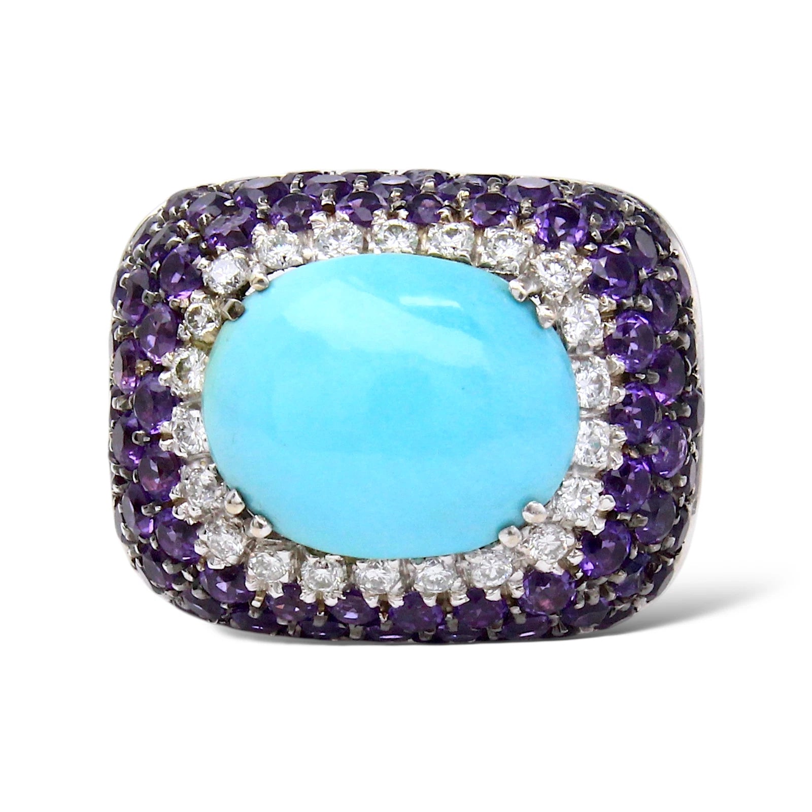 Turquoise, Diamond 0.14 CT & Amethyst Cocktail Ring 18K White Gold Size 7 