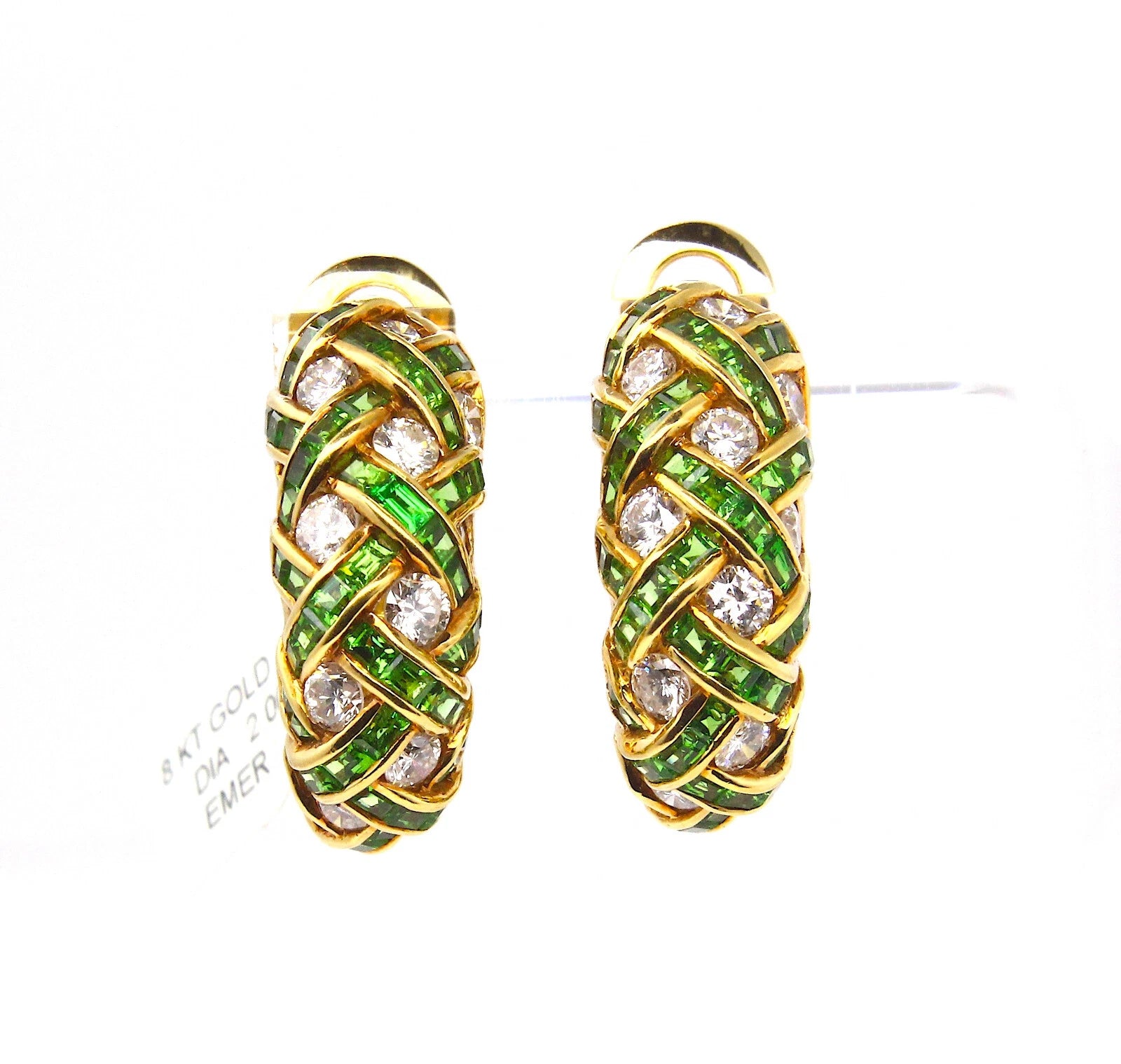 2 CT Diamond & 2 CT Emerald Woven Hoop Earrings 18K Yellow Gold 