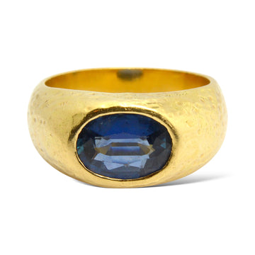 GIA Certified 3.75 CT Blue Sapphire Vintage Hammered 18K Yellow Gold Ring 