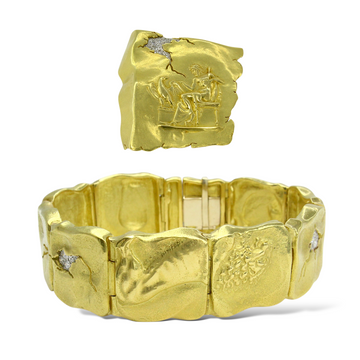 SeidenGang Odyssey Link Diamond 18K Yellow Gold Platinum Bracelet Brooch Set
