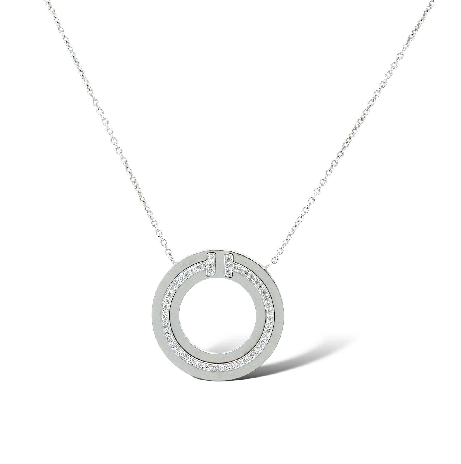 TIFFANY AND CO T Circle Pendant Necklace Natural Diamond 18K White Gold 
