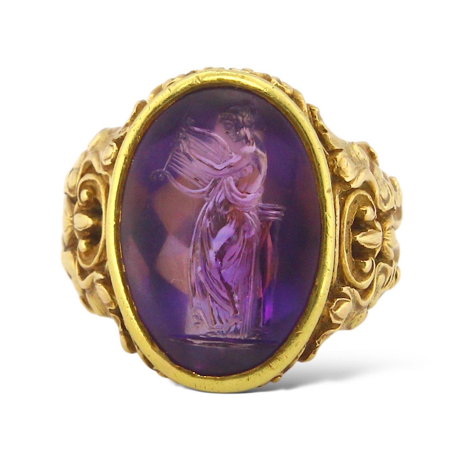 FW Lawrence Amethyst Intaglio Victorian Era Antique Ring 18K Yellow Gold Ring 