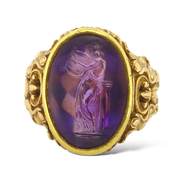 FW Lawrence Amethyst Intaglio Victorian Era Antique Ring 18K Yellow Gold Ring 