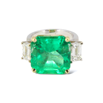 14.49 CT Green Emerald Colombian GIA Certified Diamond Ring 18K White Gold 