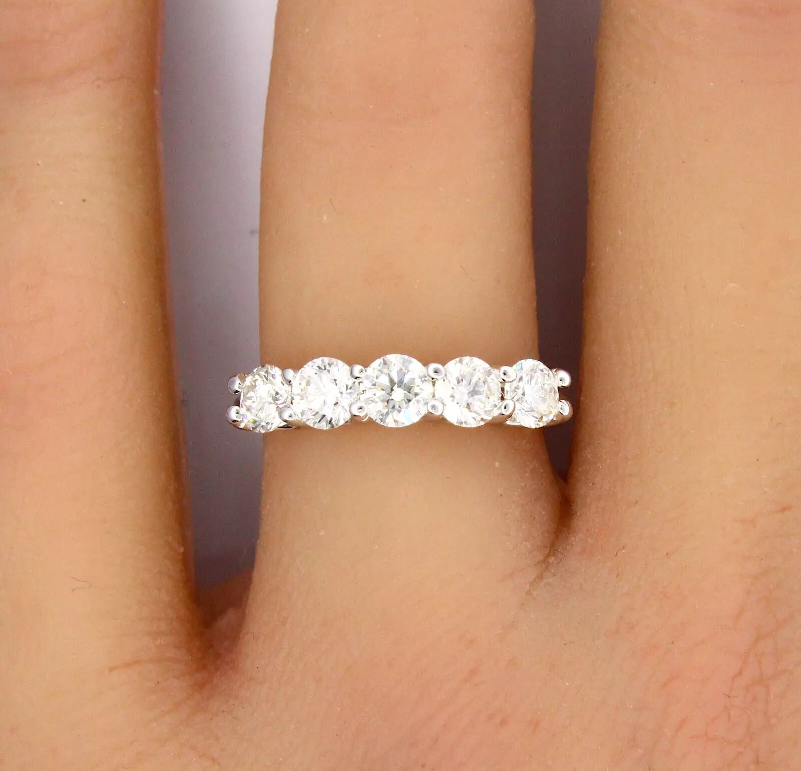 Estate 1.25 CT 5 Stone Natural Diamond Anniversary Ring 14K White Gold Size 6 