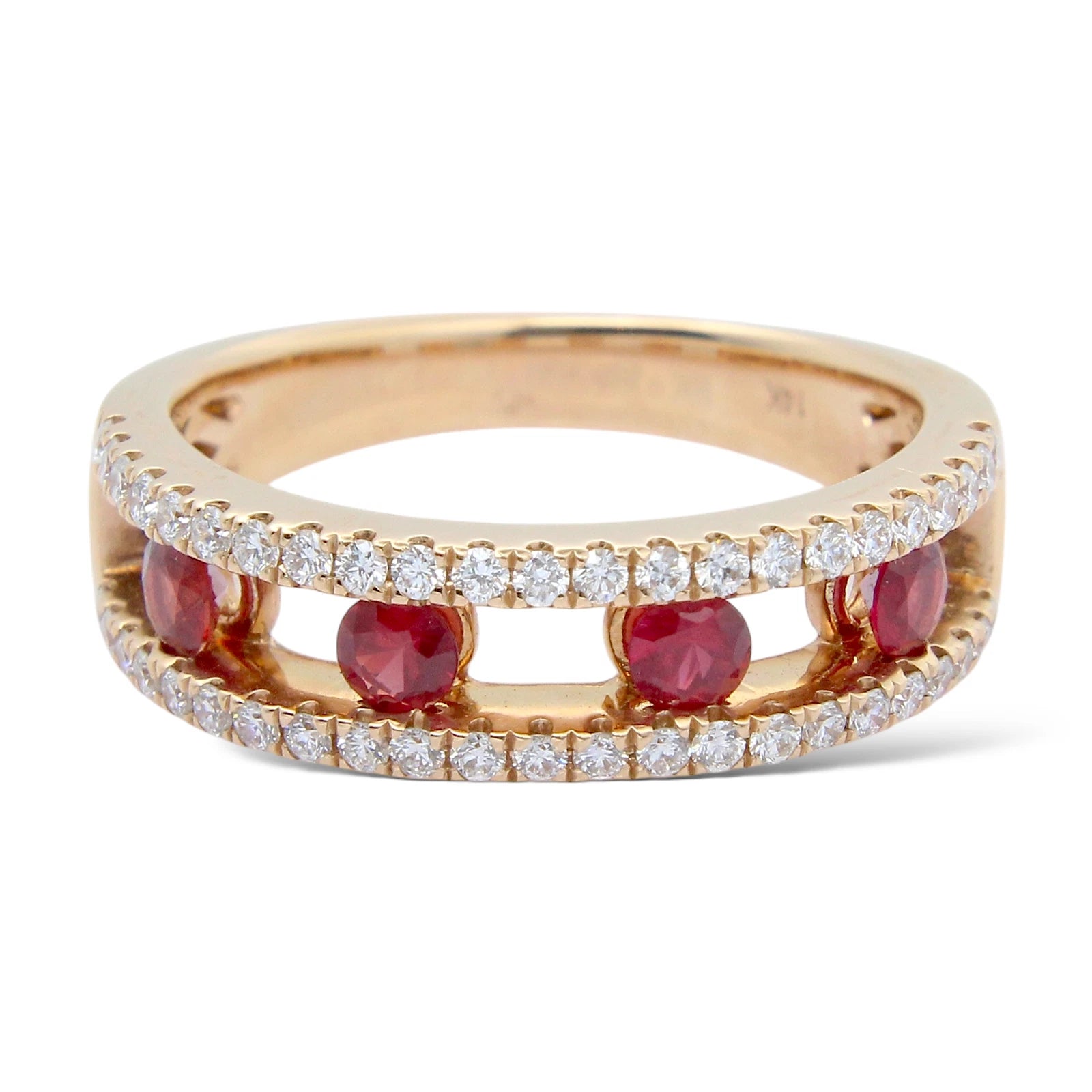 Ruby and Two Row Diamond 14K Rose Gold Band Natural Ring Size 7 Modern 